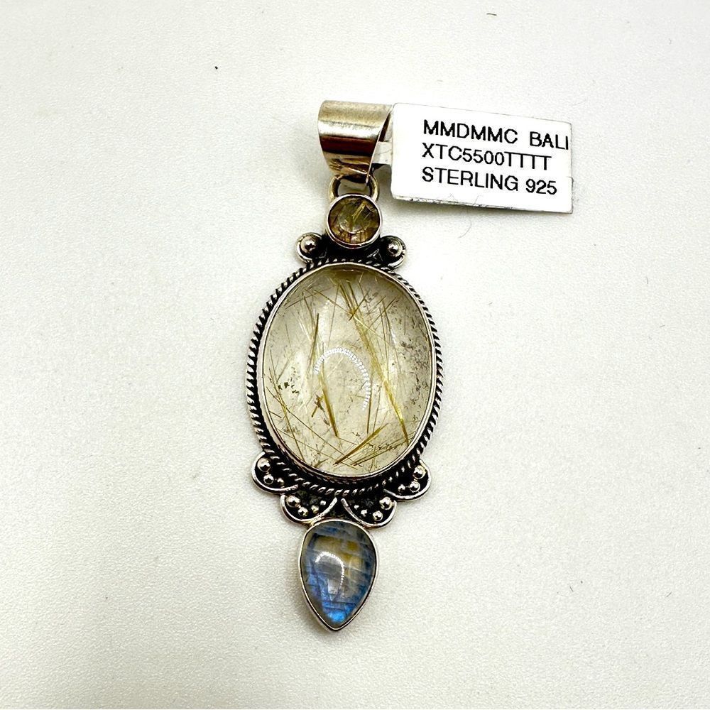 NWT Rutilated Quartz and Moonstone in solid sterling Bali silver pendant!